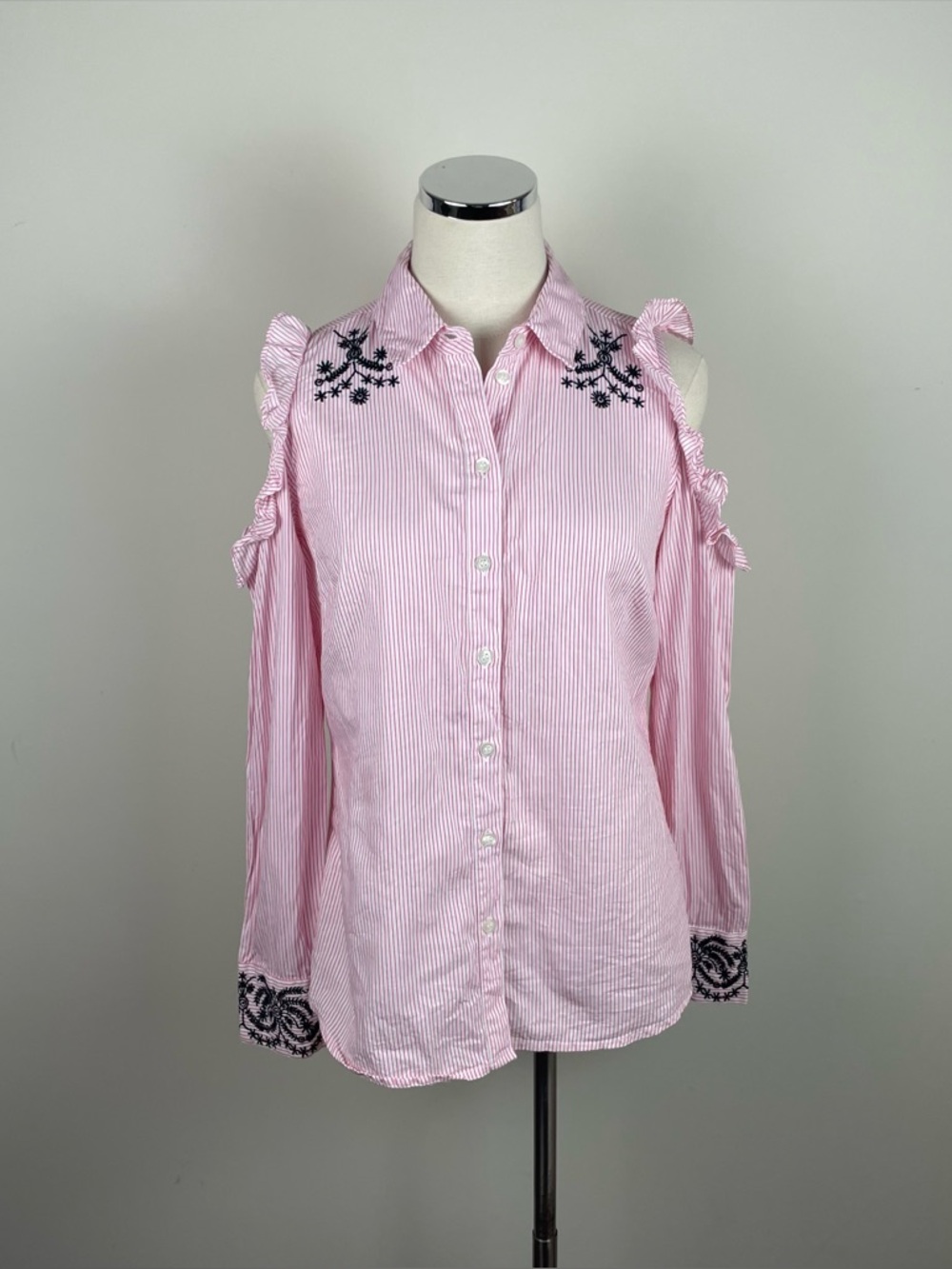 Nanette Lepore Pink White Stripe Cold Shoulder Black Floral Embroidered Top